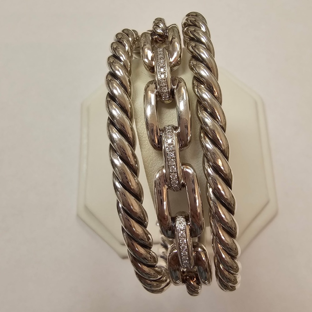 David Yurman Triple-Cable Pavé Link Cuff — Silver & Diamonds